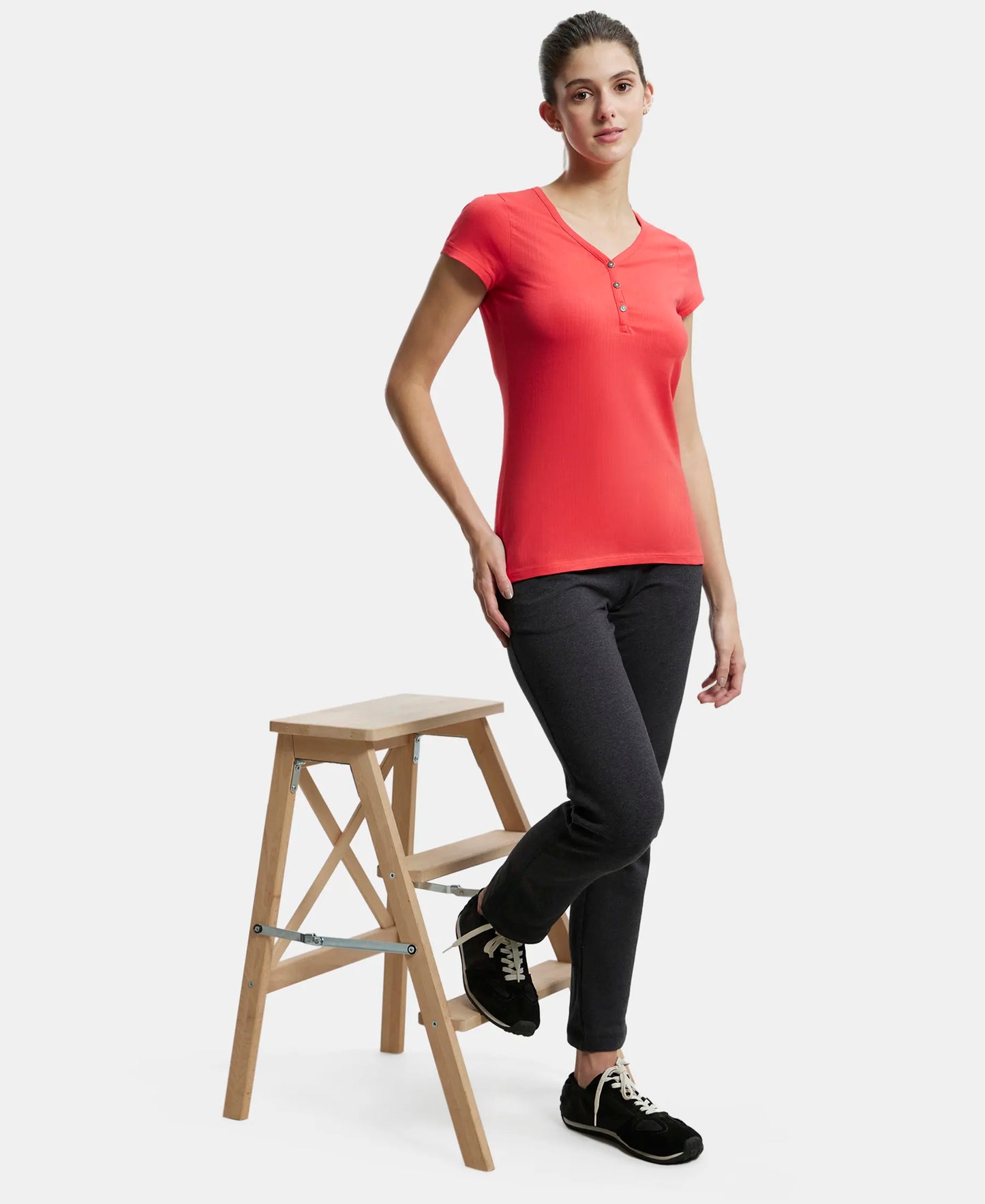Super Combed Cotton Elastane Stretch Slim Fit Solid V Neck Henley Styled Half Sleeve T-Shirt - Hibiscus-6