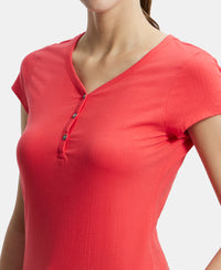 Super Combed Cotton Elastane Stretch Slim Fit Solid V Neck Henley Styled Half Sleeve T-Shirt - Hibiscus-7