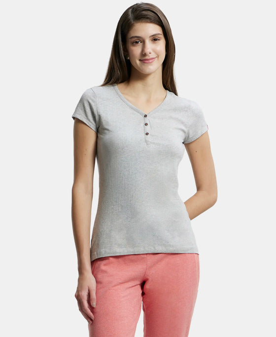Super Combed Cotton Elastane Stretch Slim Fit Solid V Neck Henley Styled Half Sleeve T-Shirt - Light Grey Melange-1