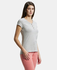 Super Combed Cotton Elastane Stretch Slim Fit Solid V Neck Henley Styled Half Sleeve T-Shirt - Light Grey Melange-2