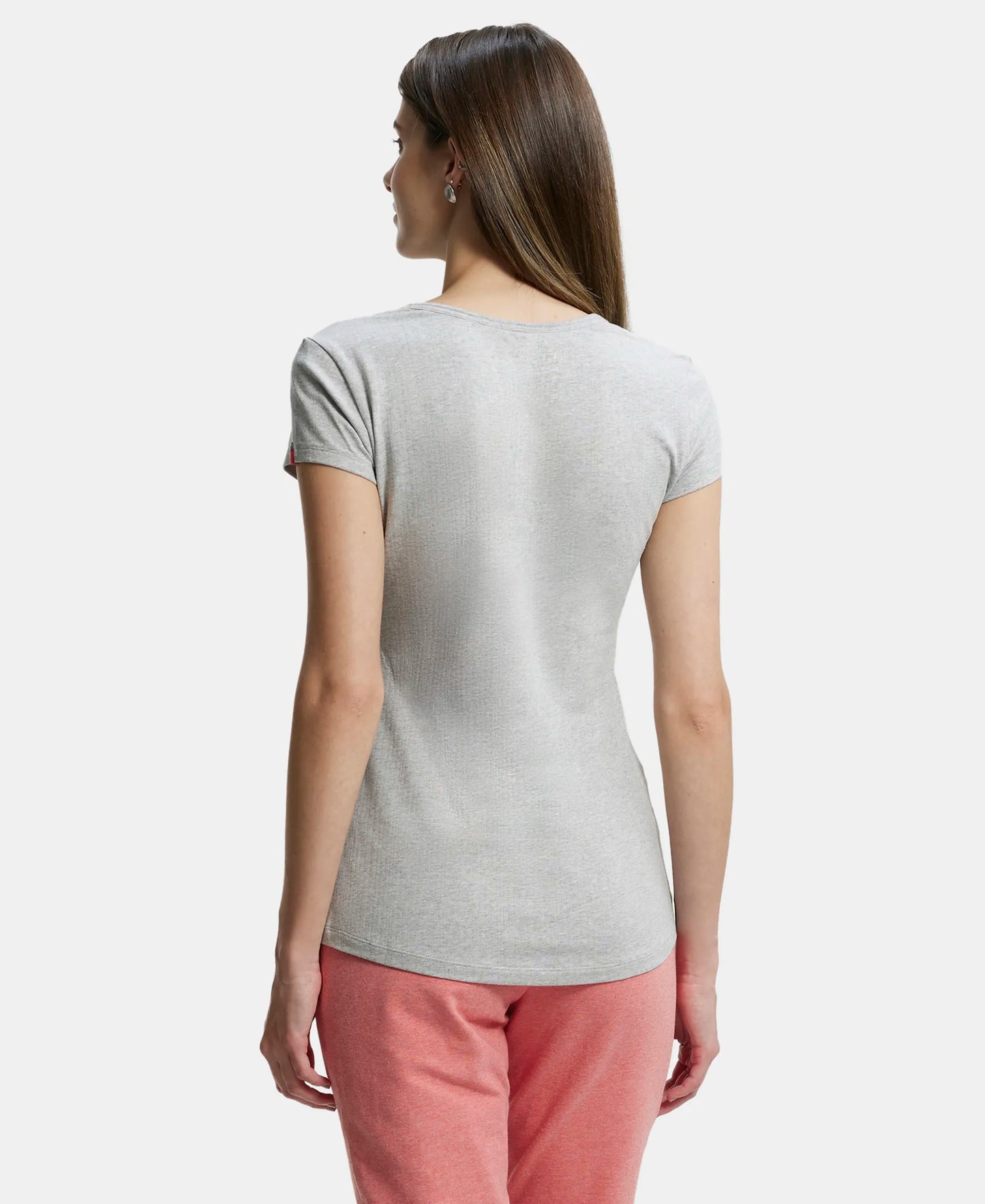 Super Combed Cotton Elastane Stretch Slim Fit Solid V Neck Henley Styled Half Sleeve T-Shirt - Light Grey Melange-3