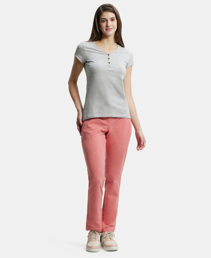 Super Combed Cotton Elastane Stretch Slim Fit Solid V Neck Henley Styled Half Sleeve T-Shirt - Light Grey Melange-4