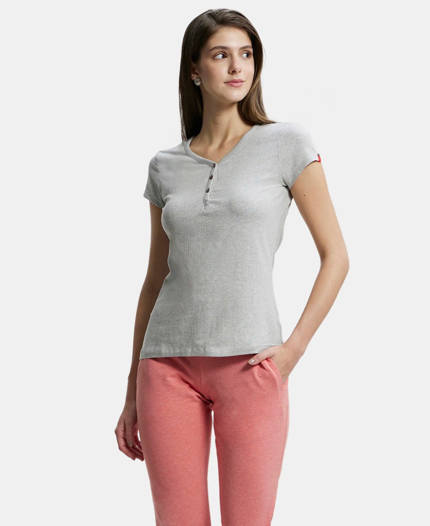 Super Combed Cotton Elastane Stretch Slim Fit Solid V Neck Henley Styled Half Sleeve T-Shirt - Light Grey Melange-5