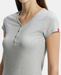 Super Combed Cotton Elastane Stretch Slim Fit Solid V Neck Henley Styled Half Sleeve T-Shirt - Light Grey Melange-7