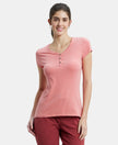 Super Combed Cotton Elastane Stretch Slim Fit Solid V Neck Henley Styled Half Sleeve T-Shirt - Passion Red Melange-1