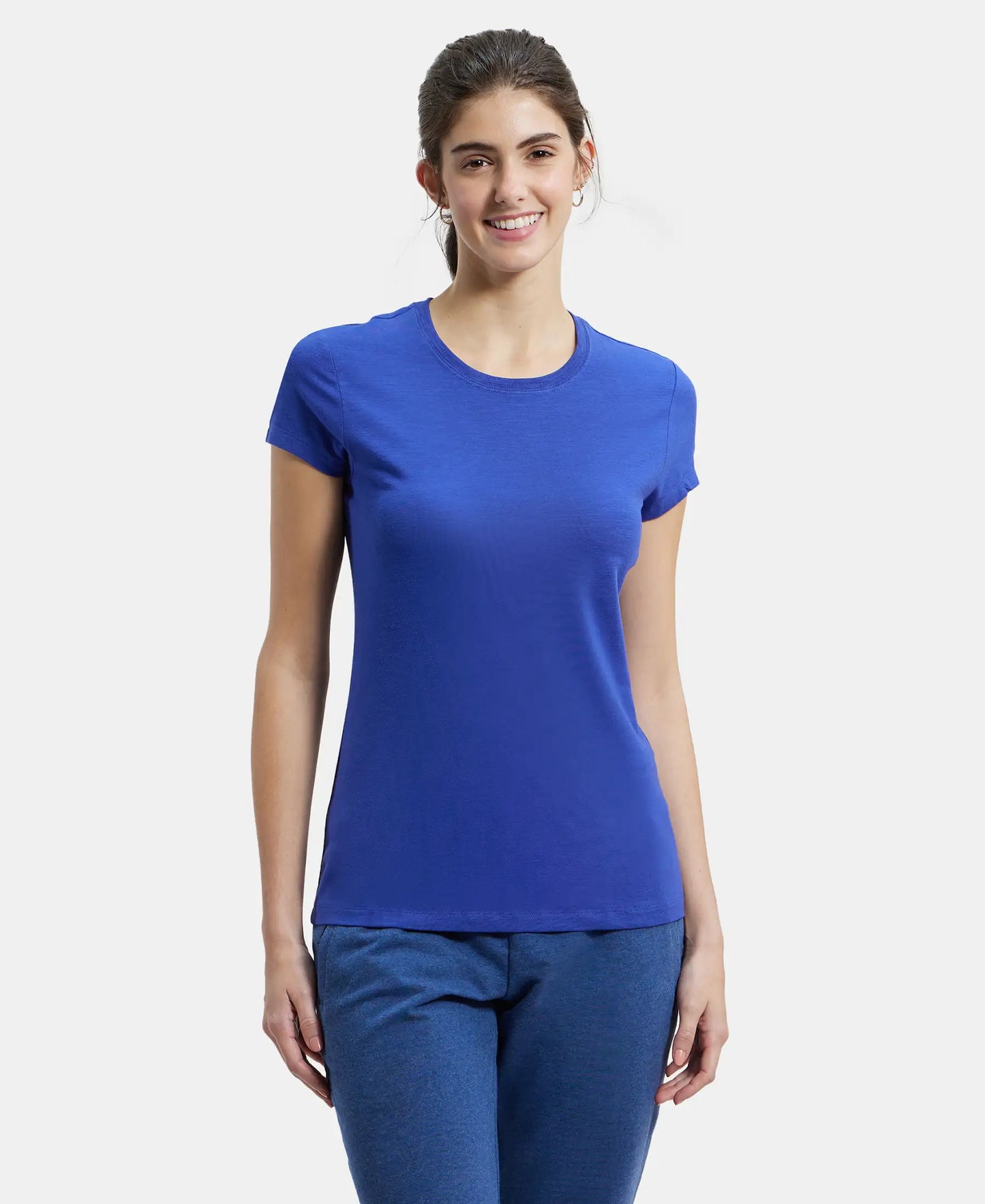 Super Combed Cotton Elastane Regular Fit Solid Round Neck Half Sleeve T-Shirt - Indigo Crush-1