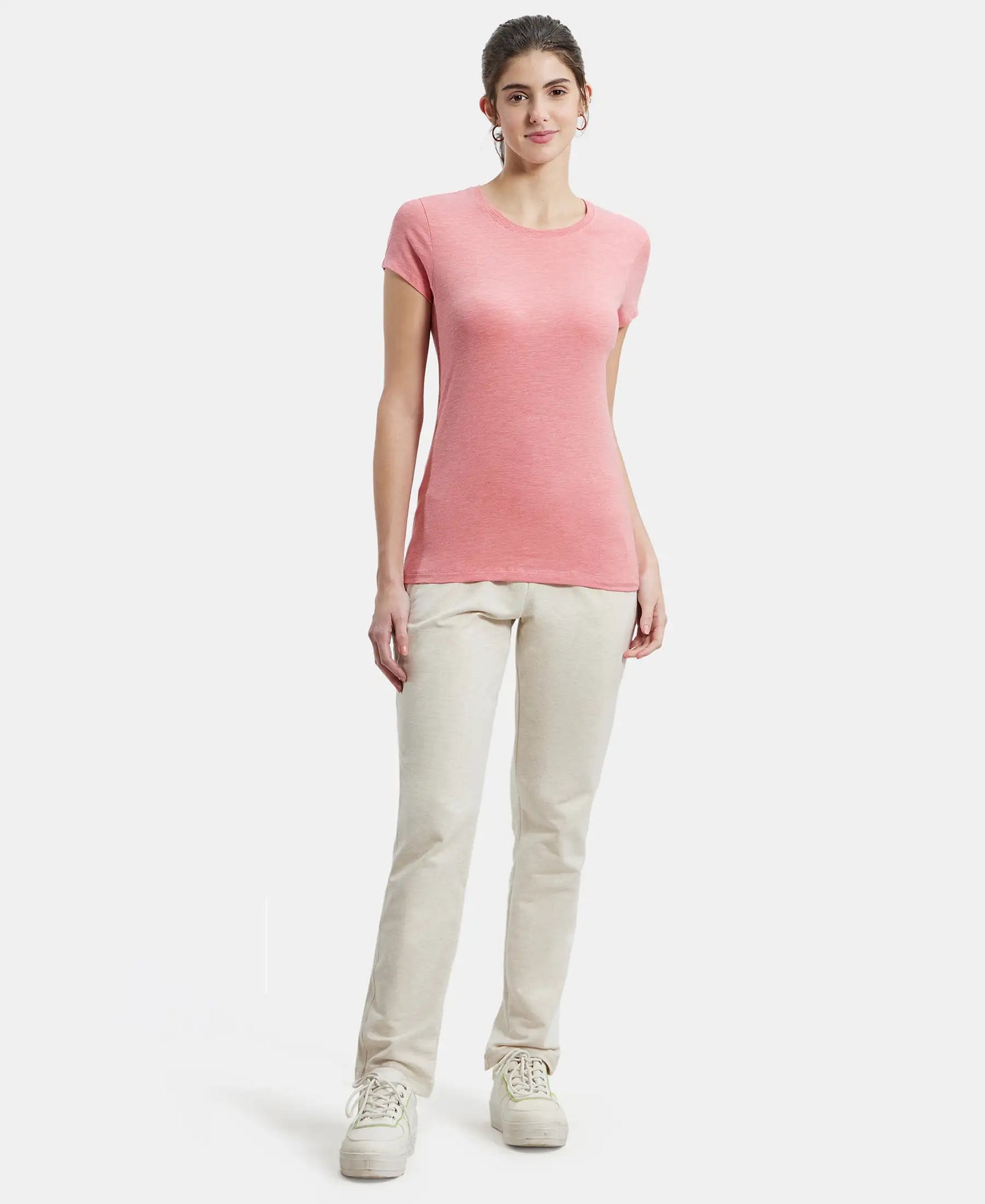 Super Combed Cotton Elastane Regular Fit Solid Round Neck Half Sleeve T-Shirt - Passion Red Melange-4