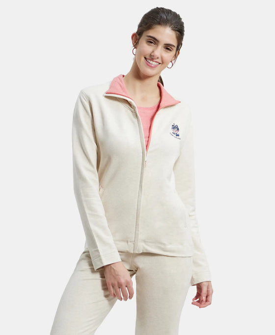 Super Combed Cotton Elastane Stretch Full Zip High Neck Jacket With Convenient Front Pockets - Cream Melange-1
