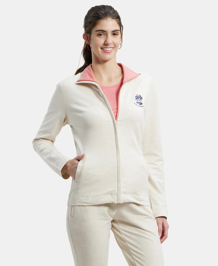 Super Combed Cotton Elastane Stretch Full Zip High Neck Jacket With Convenient Front Pockets - Cream Melange-2