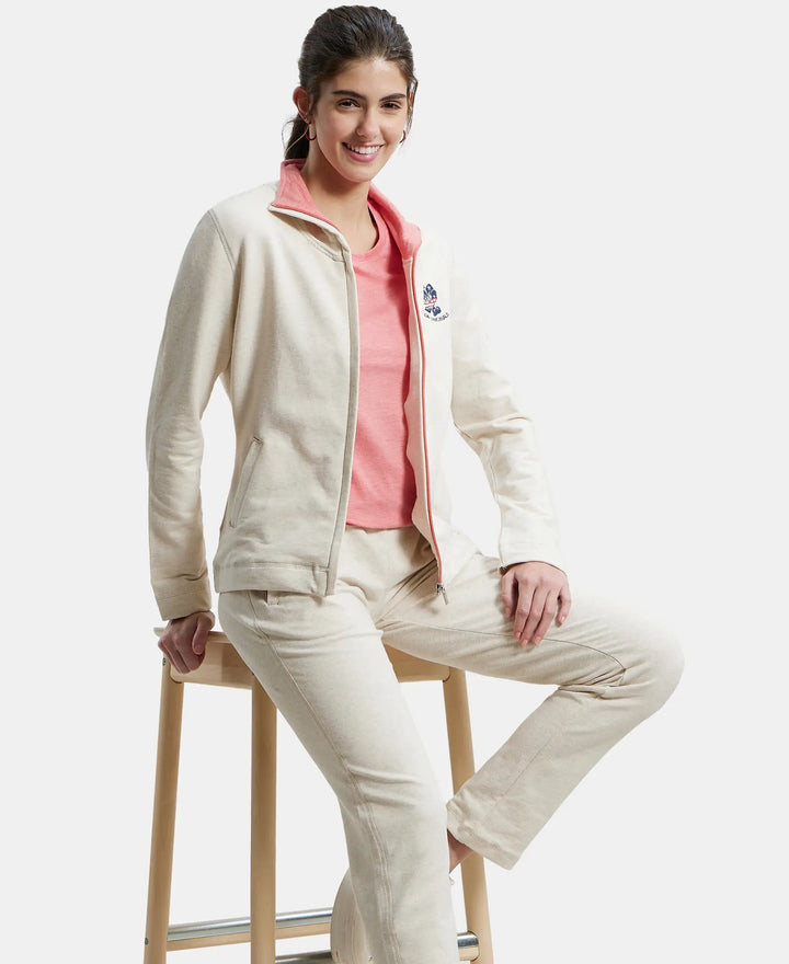 Super Combed Cotton Elastane Stretch Full Zip High Neck Jacket With Convenient Front Pockets - Cream Melange-5