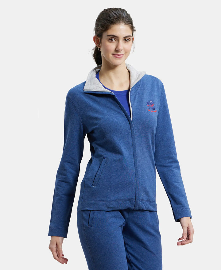 Super Combed Cotton Elastane Stretch Full Zip High Neck Jacket With Convenient Front Pockets - Denim Blue Melange-2