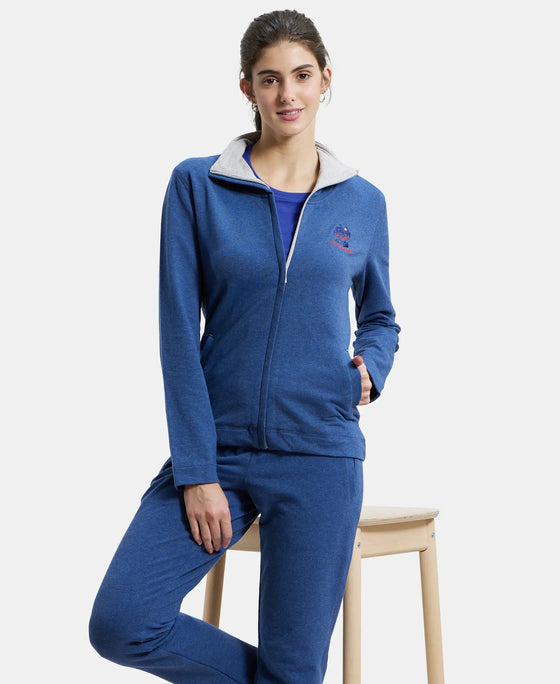 Super Combed Cotton Elastane Stretch Full Zip High Neck Jacket With Convenient Front Pockets - Denim Blue Melange-5