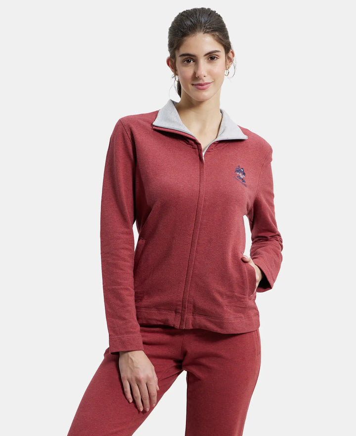 Super Combed Cotton Elastane Stretch Full Zip High Neck Jacket With Convenient Front Pockets - Rust Red Melange-1