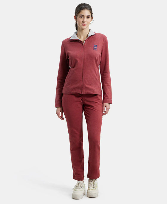 Super Combed Cotton Elastane Stretch Full Zip High Neck Jacket With Convenient Front Pockets - Rust Red Melange-4