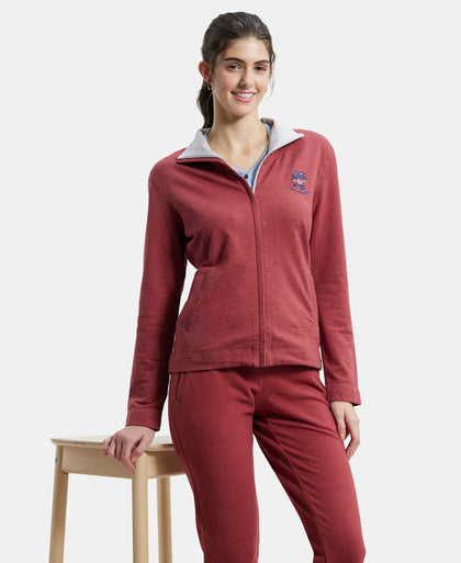 Super Combed Cotton Elastane Stretch Full Zip High Neck Jacket With Convenient Front Pockets - Rust Red Melange-5