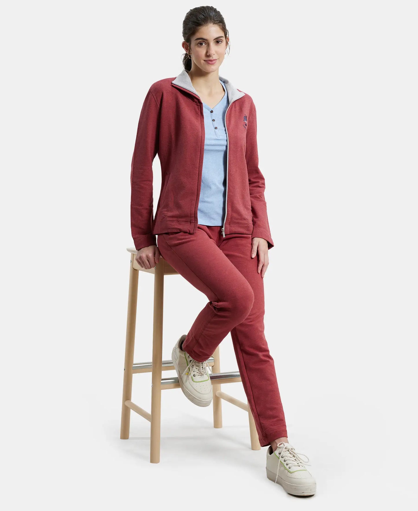 Super Combed Cotton Elastane Stretch Full Zip High Neck Jacket With Convenient Front Pockets - Rust Red Melange-6