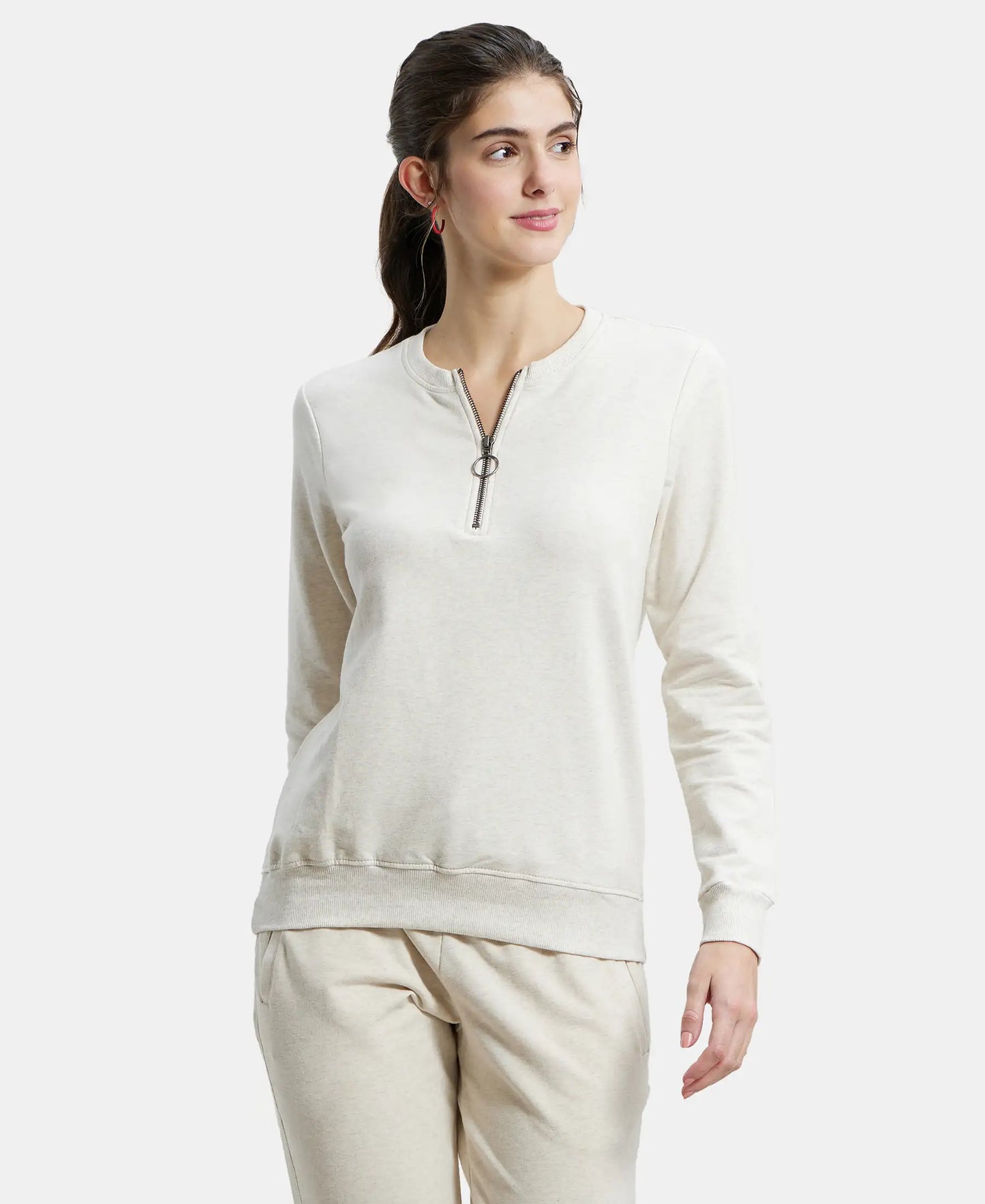 Super Combed Cotton Elastane Stretch Melange Sweatshirt with Round Neck Half Zip - Cream Melange-1
