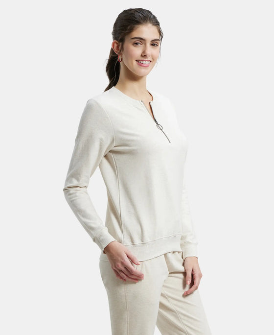 Super Combed Cotton Elastane Stretch Melange Sweatshirt with Round Neck Half Zip - Cream Melange-2