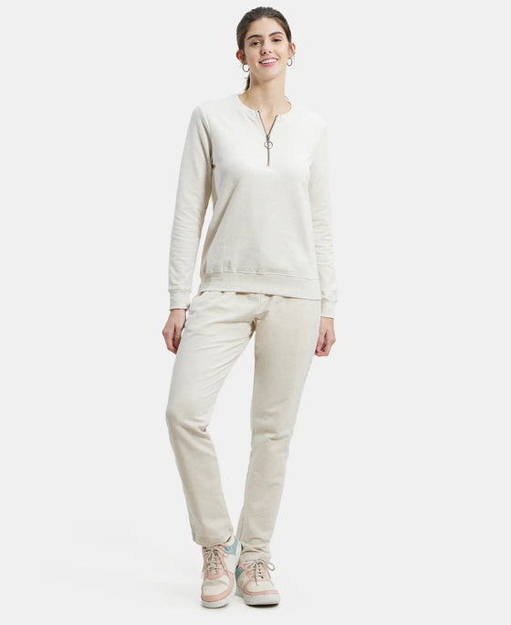 Super Combed Cotton Elastane Stretch Melange Sweatshirt with Round Neck Half Zip - Cream Melange-4