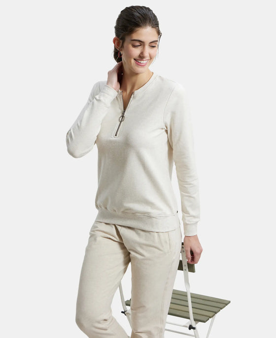 Super Combed Cotton Elastane Stretch Melange Sweatshirt with Round Neck Half Zip - Cream Melange-5