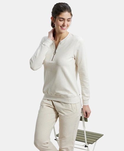 Super Combed Cotton Elastane Stretch Melange Sweatshirt with Round Neck Half Zip - Cream Melange-5