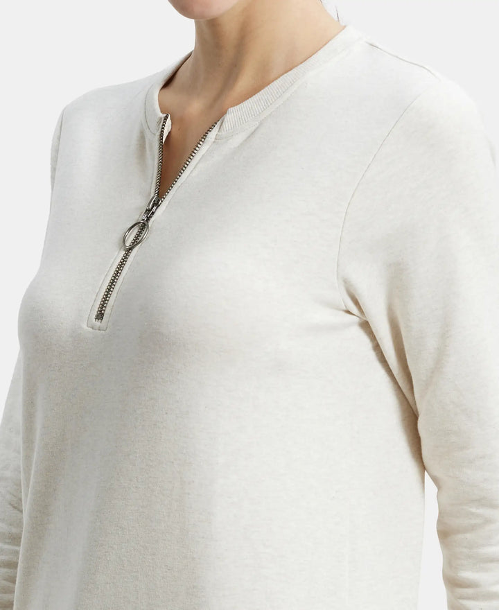 Super Combed Cotton Elastane Stretch Melange Sweatshirt with Round Neck Half Zip - Cream Melange-7