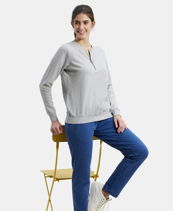 Super Combed Cotton Elastane Stretch Melange Sweatshirt with Round Neck Half Zip - Light Grey Melange-5