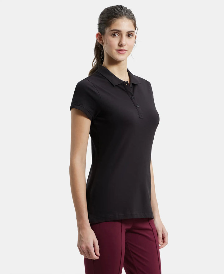 Super Combed Cotton Elastane Stretch Pique Fabric Regular Fit Printed Half Sleeve Polo T-Shirt - Black-2