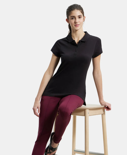Super Combed Cotton Elastane Stretch Pique Fabric Regular Fit Printed Half Sleeve Polo T-Shirt - Black-5