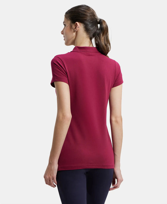 Super Combed Cotton Elastane Stretch Pique Fabric Regular Fit Printed Half Sleeve Polo T-Shirt - Red Plum-3