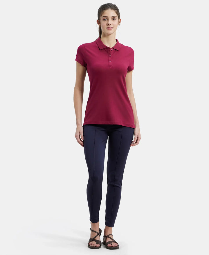Super Combed Cotton Elastane Stretch Pique Fabric Regular Fit Printed Half Sleeve Polo T-Shirt - Red Plum-4