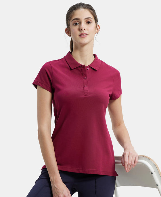 Super Combed Cotton Elastane Stretch Pique Fabric Regular Fit Printed Half Sleeve Polo T-Shirt - Red Plum-5