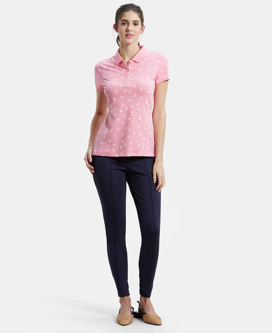 Super Combed Cotton Elastane Stretch Pique Fabric Regular Fit Printed Half Sleeve Polo T-Shirt - Plumeria-4