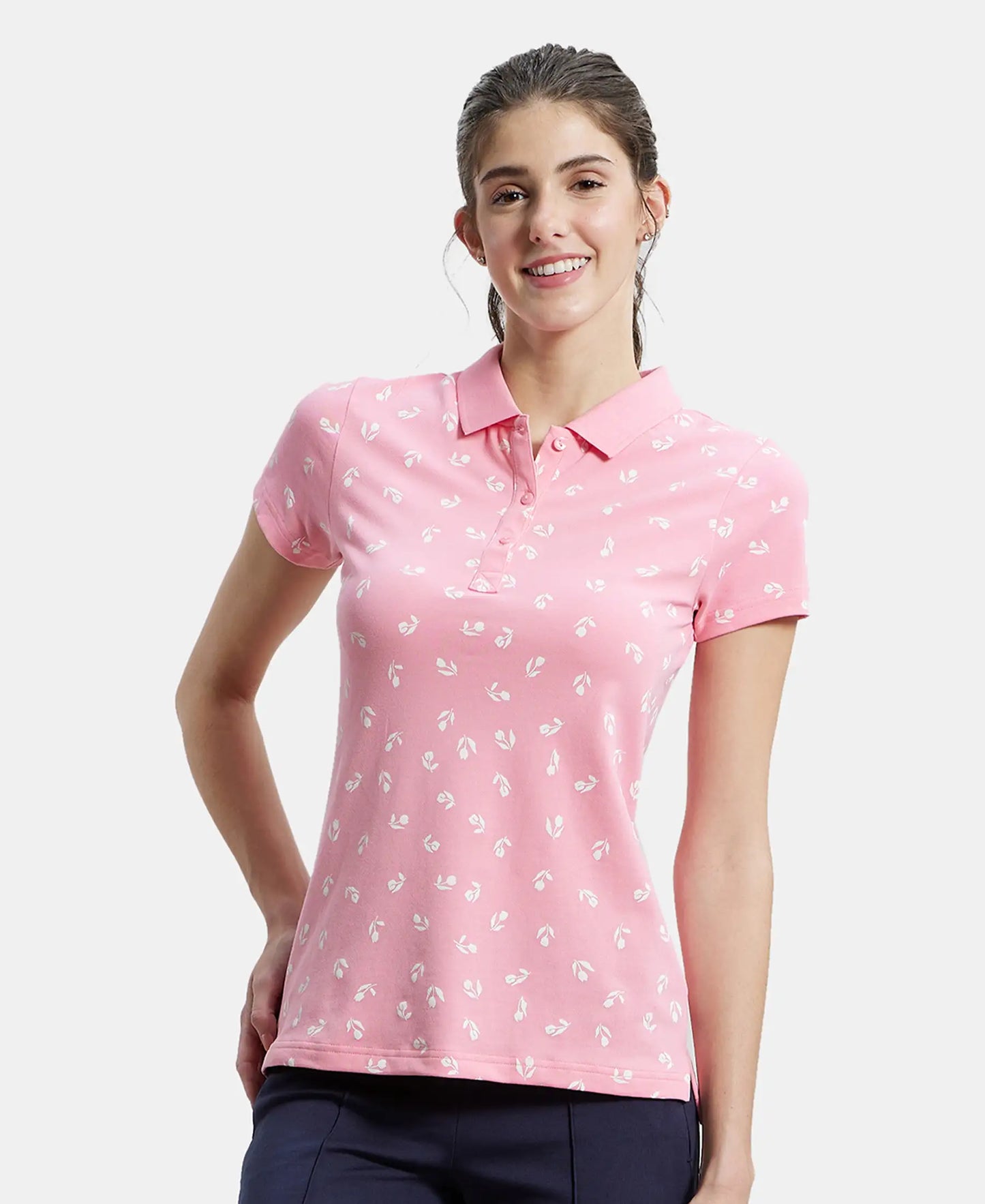 Super Combed Cotton Elastane Stretch Pique Fabric Regular Fit Printed Half Sleeve Polo T-Shirt - Plumeria-5