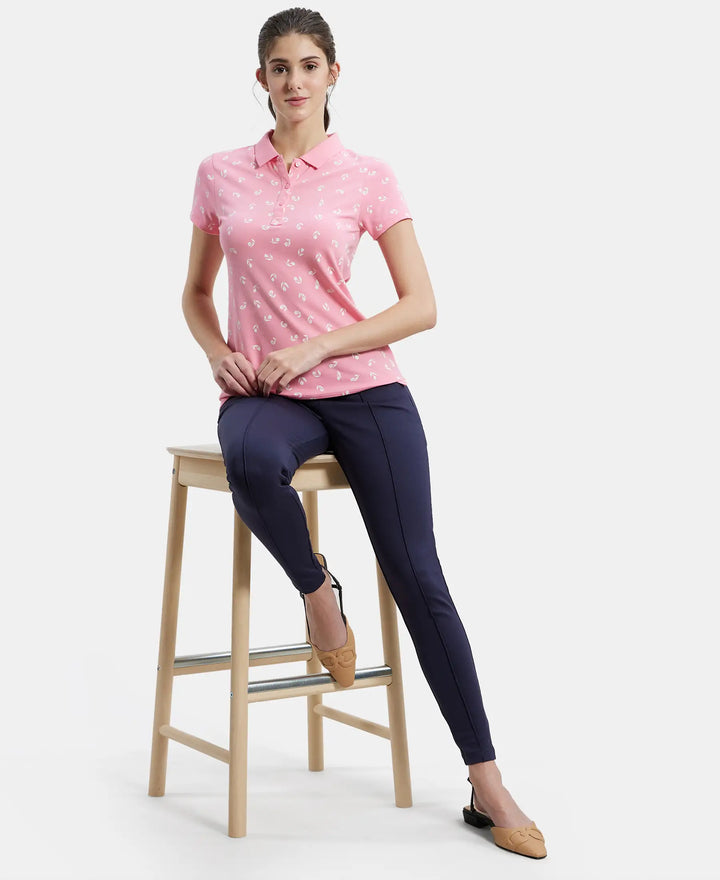 Super Combed Cotton Elastane Stretch Pique Fabric Regular Fit Printed Half Sleeve Polo T-Shirt - Plumeria-6