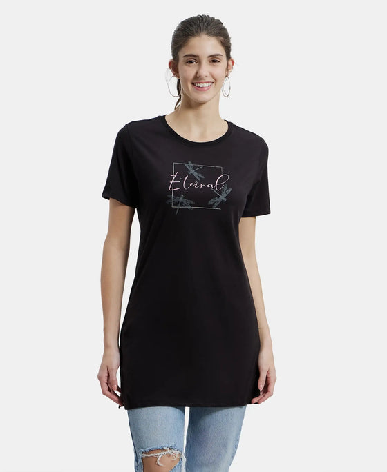 Super Combed Cotton Relaxed Fit Graphic Printed Half Sleeve Long Length T-Shirt - Black Assorted Prints-1