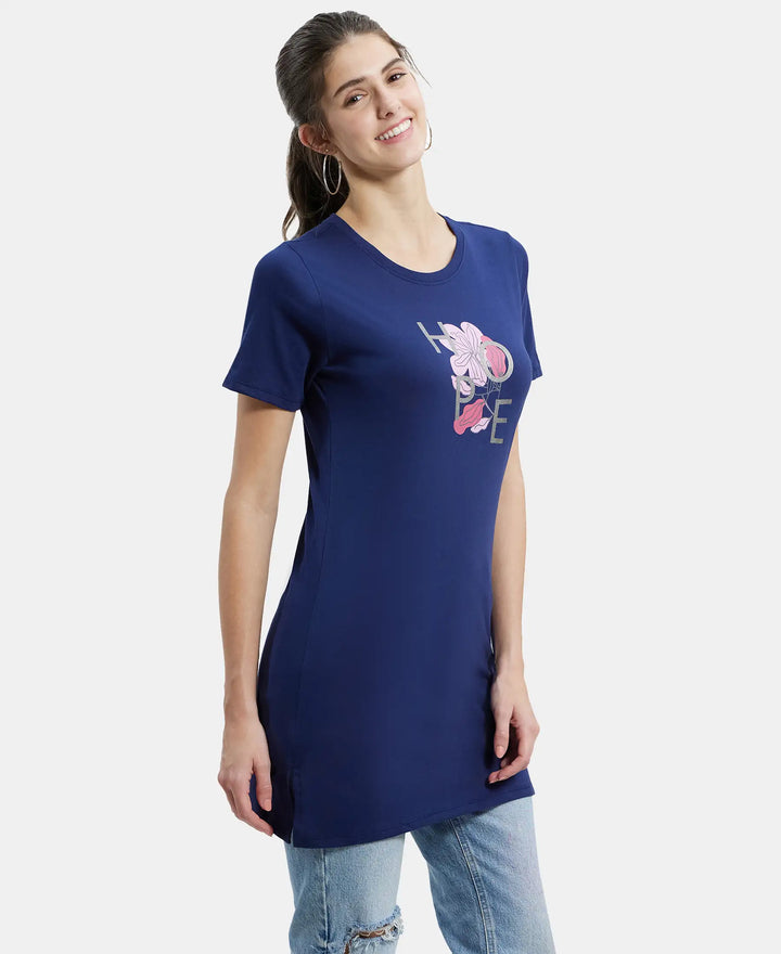 Super Combed Cotton Relaxed Fit Graphic Printed Half Sleeve Long Length T-Shirt - Imperial Blue Assorted Prints-2