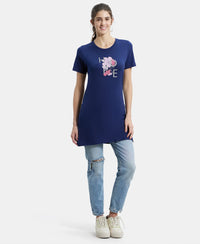 Super Combed Cotton Relaxed Fit Graphic Printed Half Sleeve Long Length T-Shirt - Imperial Blue Assorted Prints-4