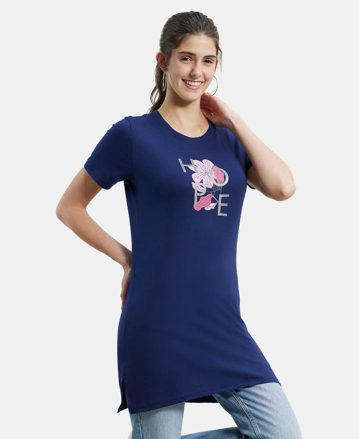 Super Combed Cotton Relaxed Fit Graphic Printed Half Sleeve Long Length T-Shirt - Imperial Blue Assorted Prints-5