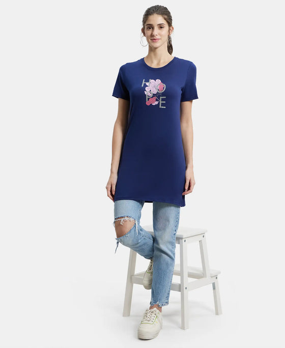 Super Combed Cotton Relaxed Fit Graphic Printed Half Sleeve Long Length T-Shirt - Imperial Blue Assorted Prints-6