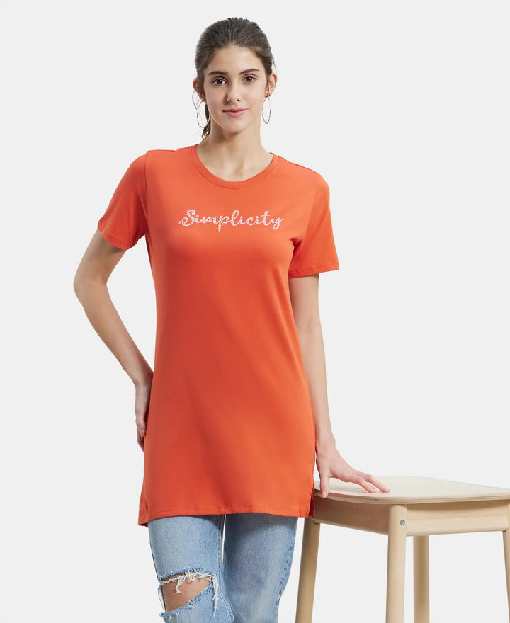 Super Combed Cotton Relaxed Fit Graphic Printed Half Sleeve Long Length T-Shirt - Orange Rust Assorted Prints-5