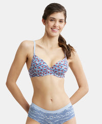 Under-Wired Padded Super Combed Cotton Elastane Medium Coverage Printed T-Shirt Bra with Detachable Straps - Blue Depth-1