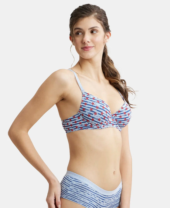 Under-Wired Padded Super Combed Cotton Elastane Medium Coverage Printed T-Shirt Bra with Detachable Straps - Blue Depth-2