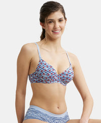 Under-Wired Padded Super Combed Cotton Elastane Medium Coverage Printed T-Shirt Bra with Detachable Straps - Blue Depth-5