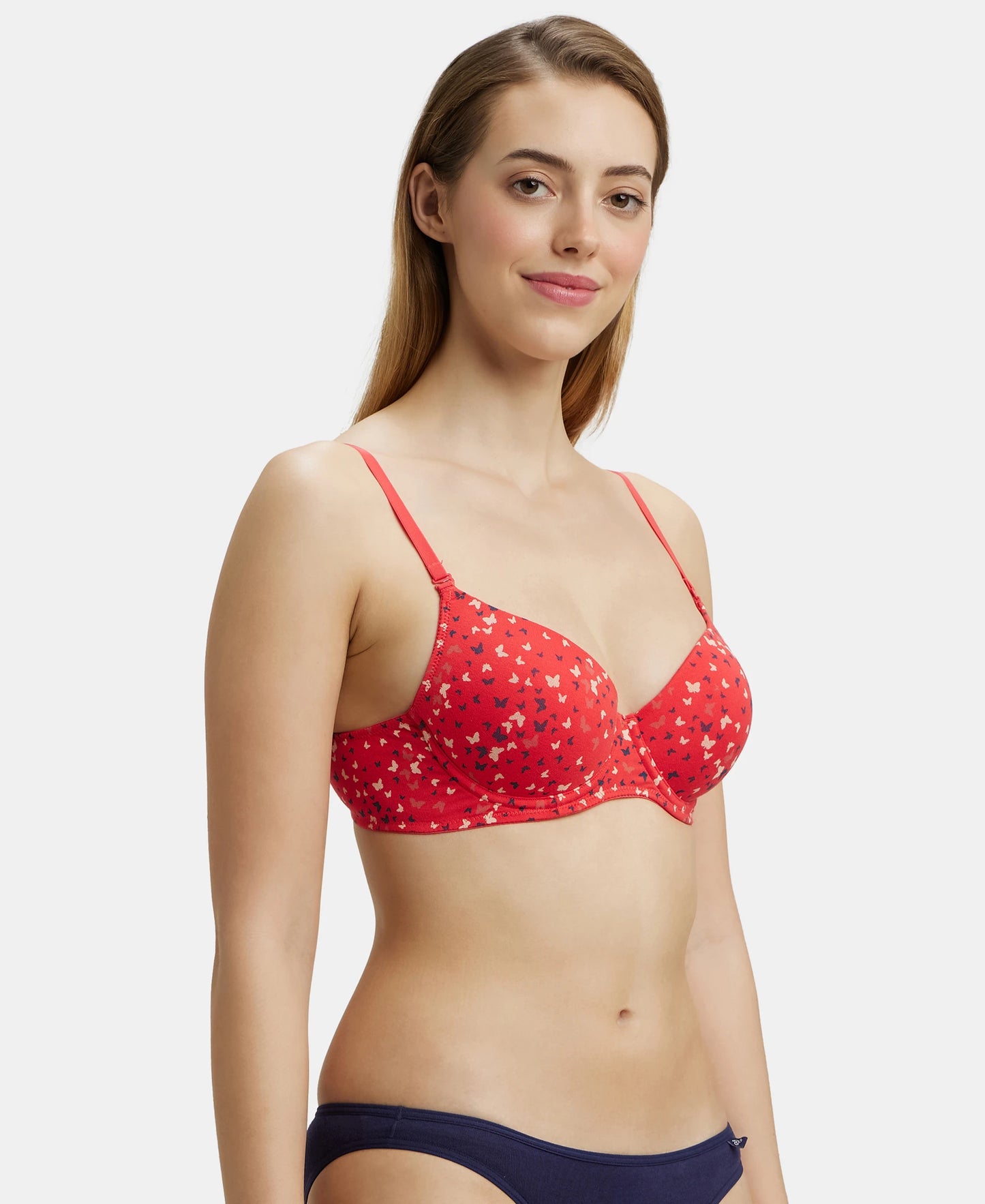 Under-Wired Padded Super Combed Cotton Elastane Medium Coverage Printed T-Shirt Bra with Detachable Straps - Hibiscus-2