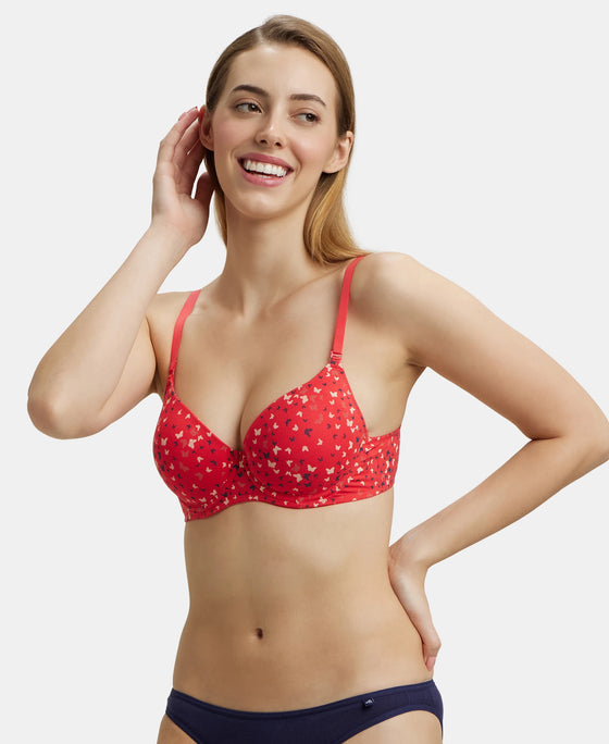 Under-Wired Padded Super Combed Cotton Elastane Medium Coverage Printed T-Shirt Bra with Detachable Straps - Hibiscus-5