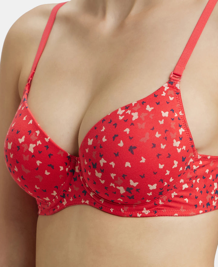 Under-Wired Padded Super Combed Cotton Elastane Medium Coverage Printed T-Shirt Bra with Detachable Straps - Hibiscus-7