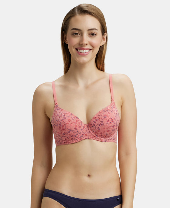 Under-Wired Padded Super Combed Cotton Elastane Medium Coverage Printed T-Shirt Bra with Detachable Straps - Passion Red Melange-1