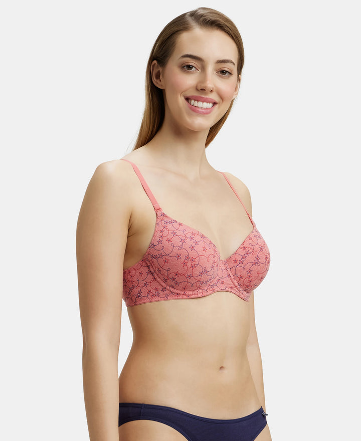 Under-Wired Padded Super Combed Cotton Elastane Medium Coverage Printed T-Shirt Bra with Detachable Straps - Passion Red Melange-2