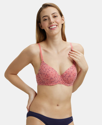 Under-Wired Padded Super Combed Cotton Elastane Medium Coverage Printed T-Shirt Bra with Detachable Straps - Passion Red Melange-5